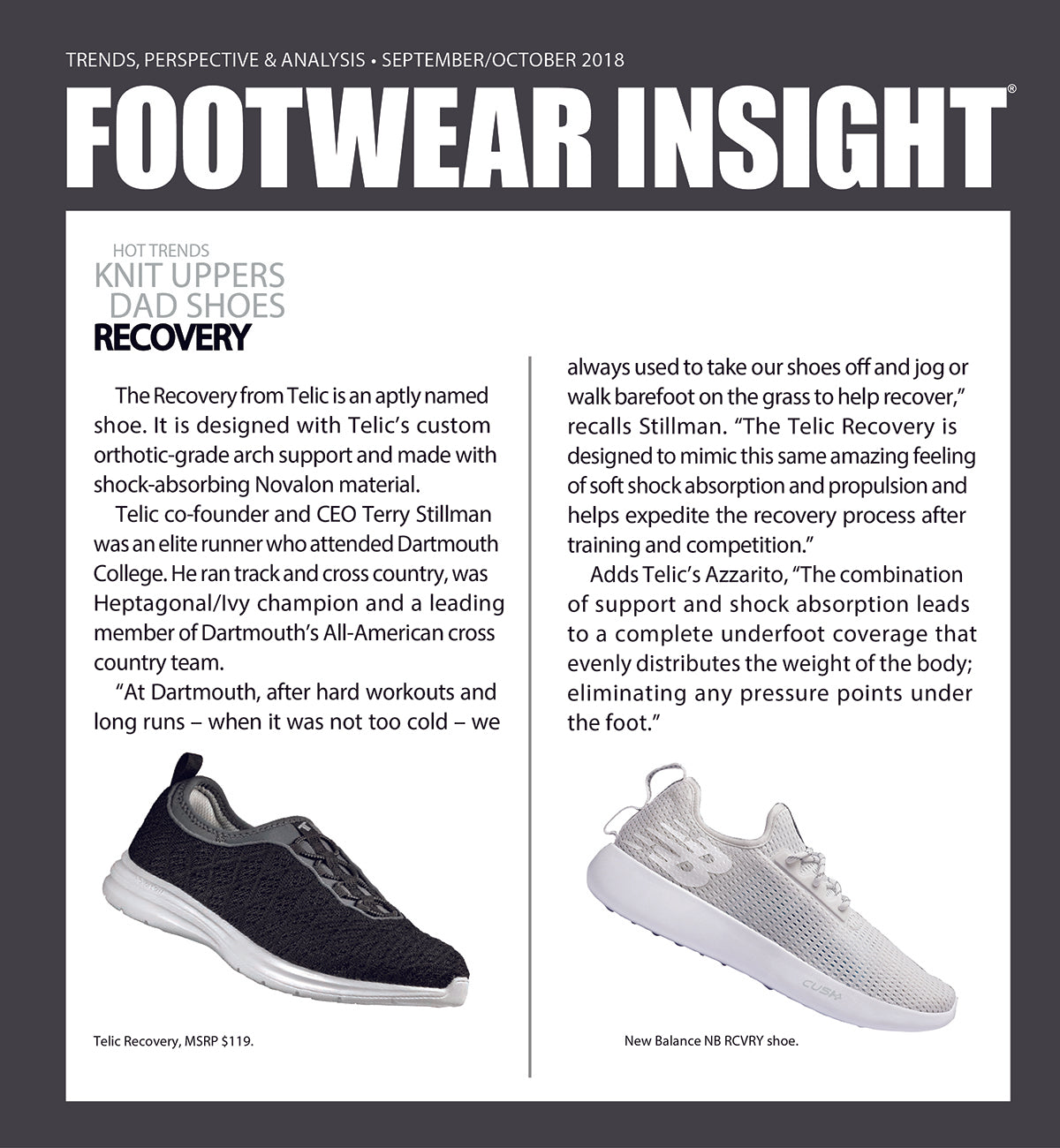 TELIC RECOVERY FEATURED IN FOOTWEAR INSIGHT - SEPTEMBER/OCTOBER 2018